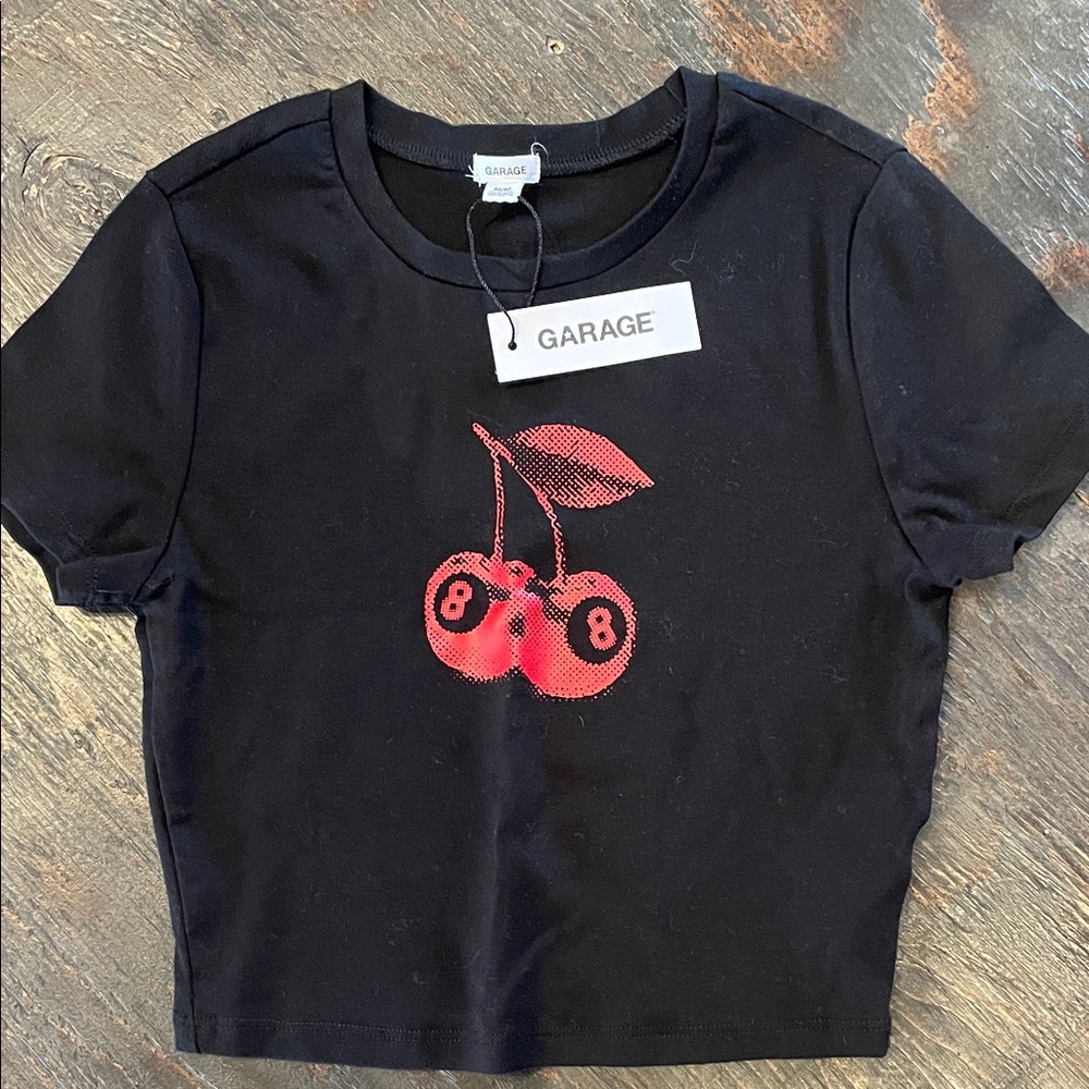 Garage Black Tee with Red Cherry Design